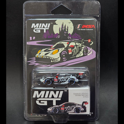 Mini GT Porsche 911 GT3 R #77 AO Racing 2025 IMSA Petit Le Mans Skeleton Rexy Halloween 1:64 Scale Diecast Model | Toyfessional