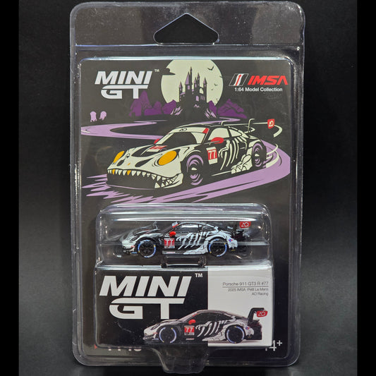 Mini GT Porsche 911 GT3 R #77 AO Racing 2025 IMSA Petit Le Mans Skeleton Rexy Halloween 1:64 Scale Diecast Model | Toyfessional