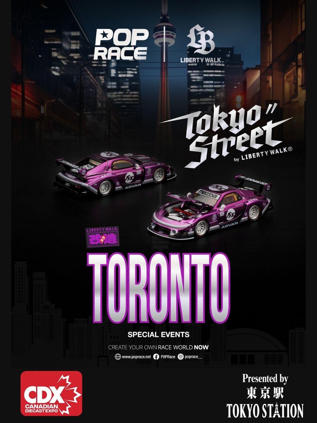 Pop Race LB Super Silhouette Mazda RX-7 FD3S (Purple Chrome) CDX Exclusive 1:64 Scale Diecast Model | Toyfessional