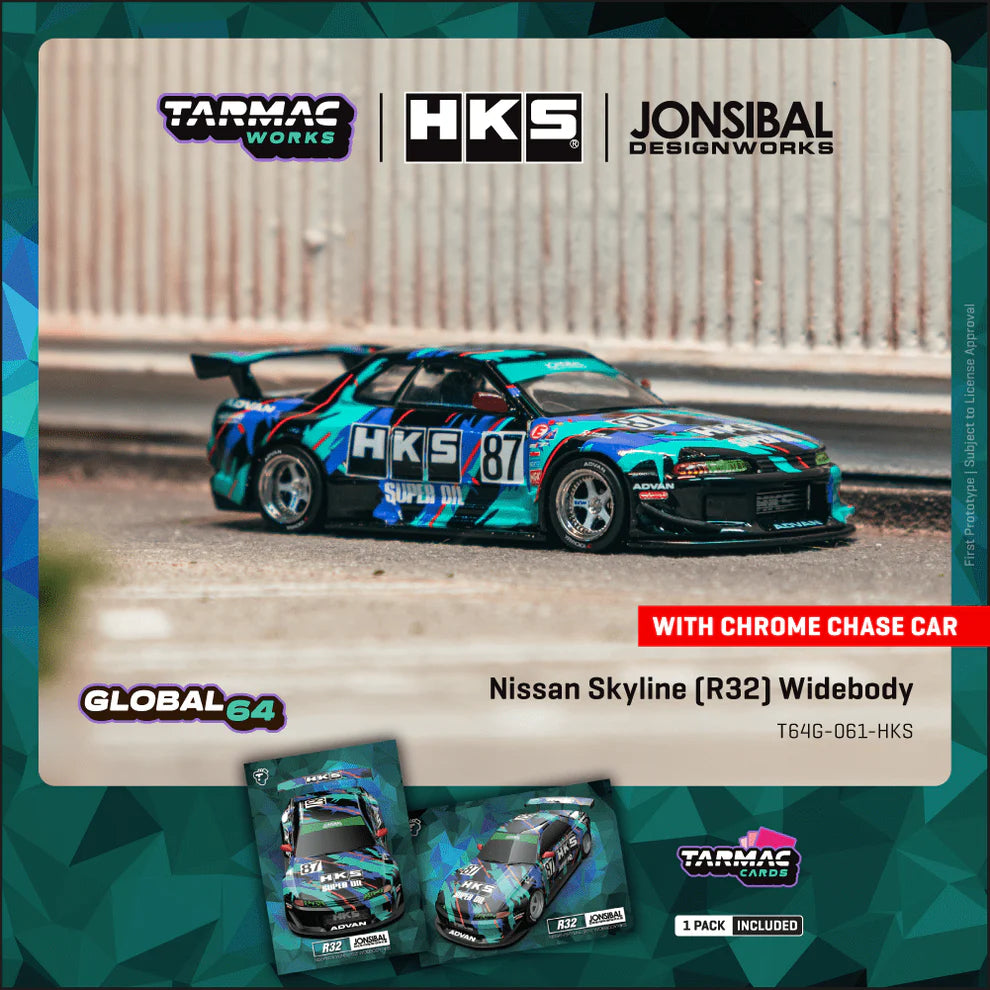 Tarmac Works Global64 Nissan Skyline R32 Widebody HKS Model Car + Trading Cards Combo Set