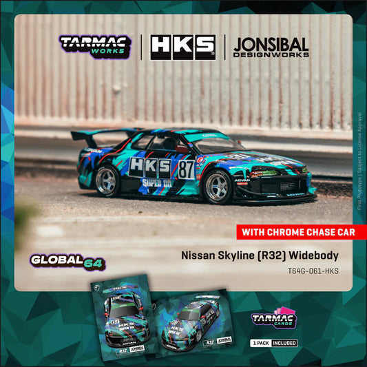 Tarmac Works Global64 Nissan Skyline R32 Widebody HKS Model Car + Trading Cards Combo Set